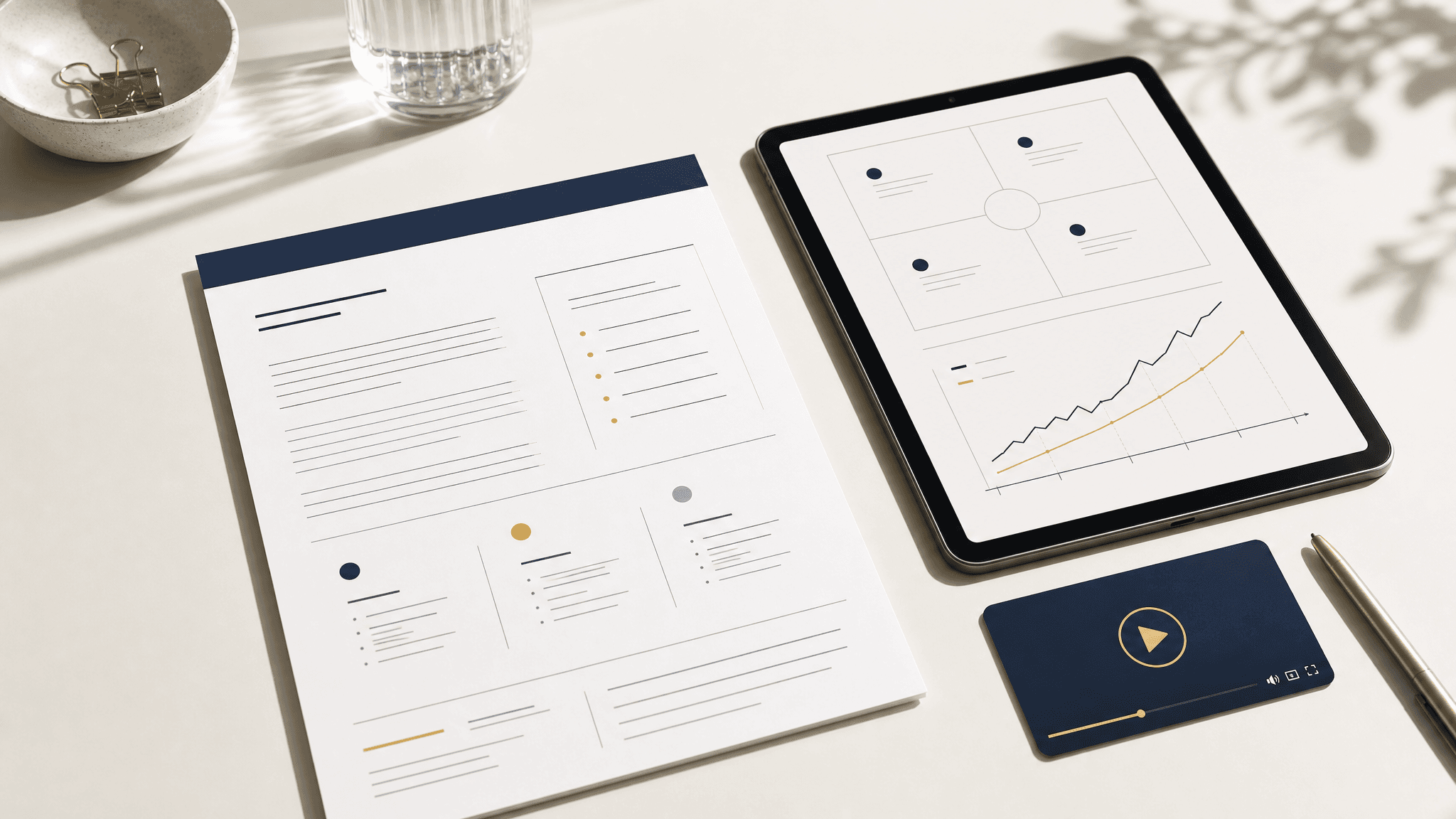 Argo strategy workspace: a one-pager, strategy diagrams and an explainer video still on a calm desk